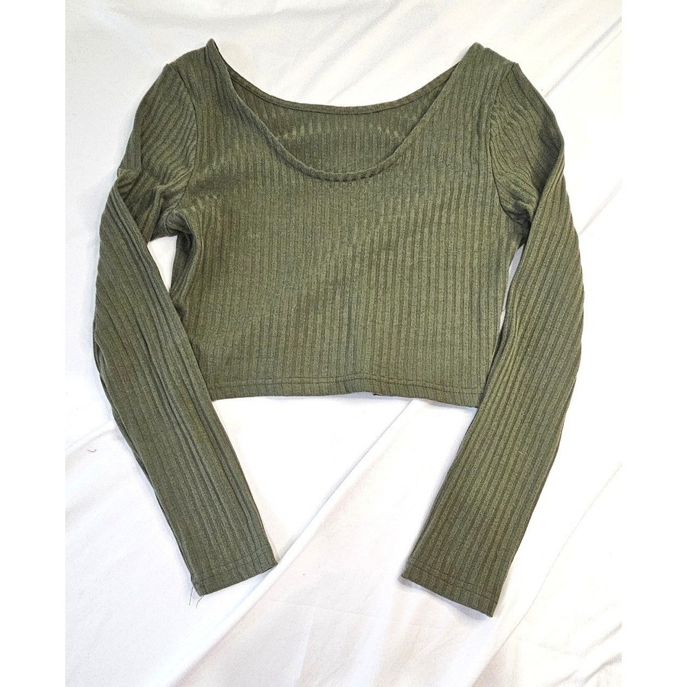 Army Green Ribbed Knit Long Sleeve Crop Top Scoop Neck Slim Fit Large